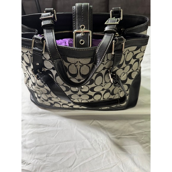 Coach Signature Black & Gray Hampton Canvas Leather Trim Handbag Tote Bag Purse - Picture 1 of 12